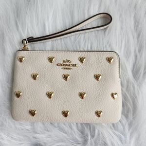 Coach Cream Wristlet with Gold Heart Accents